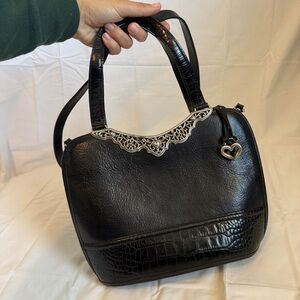 Brighton Black Leather Bag Croc Trim Silver Heart Hardware Western Y2K Crossbody